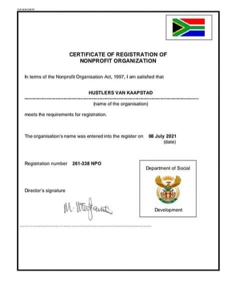 Hustlers Van Kaapstad NPO Certificate of Registration